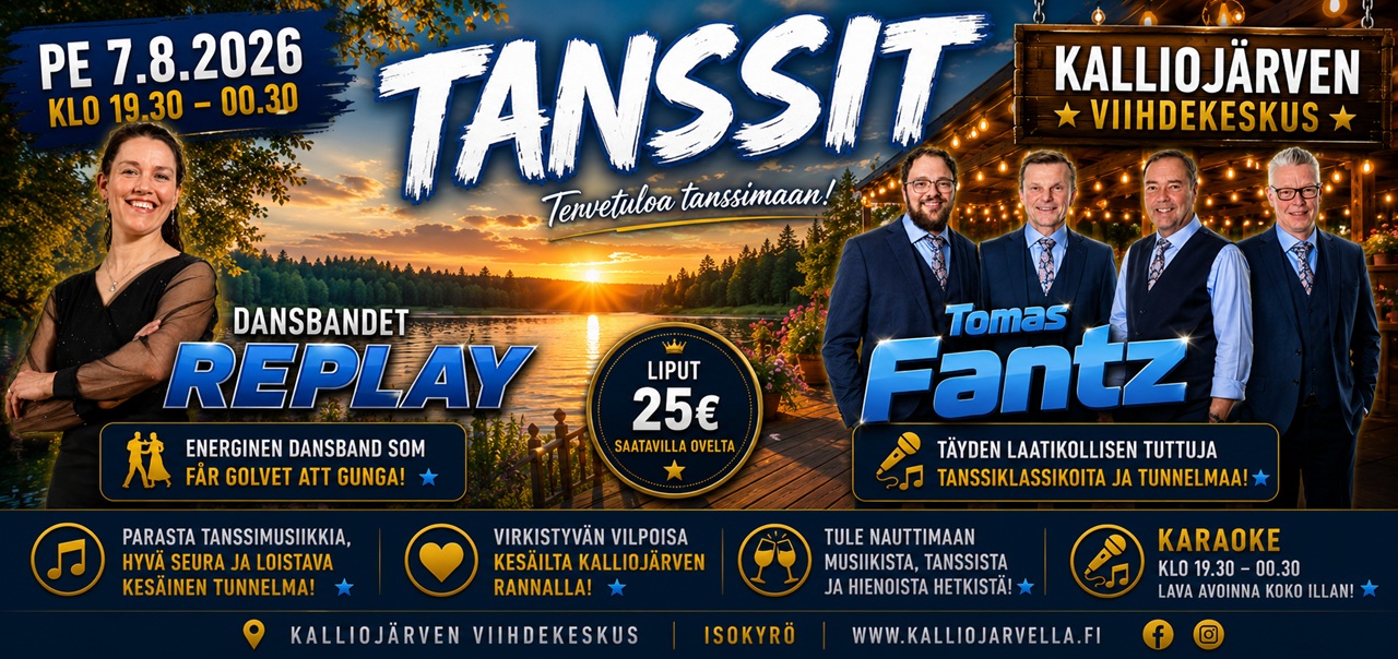 Pe 7.8.2026 klo 19.30 – 00.30 TANSSIT - Tomas Fantz sekä Dansbandet Replay + karaoke – Kalliojärven Viihdekeskus